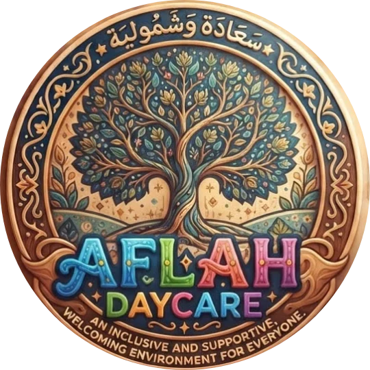 The Aflah Daycare emblem: a tree of life inside a gold and navy ring